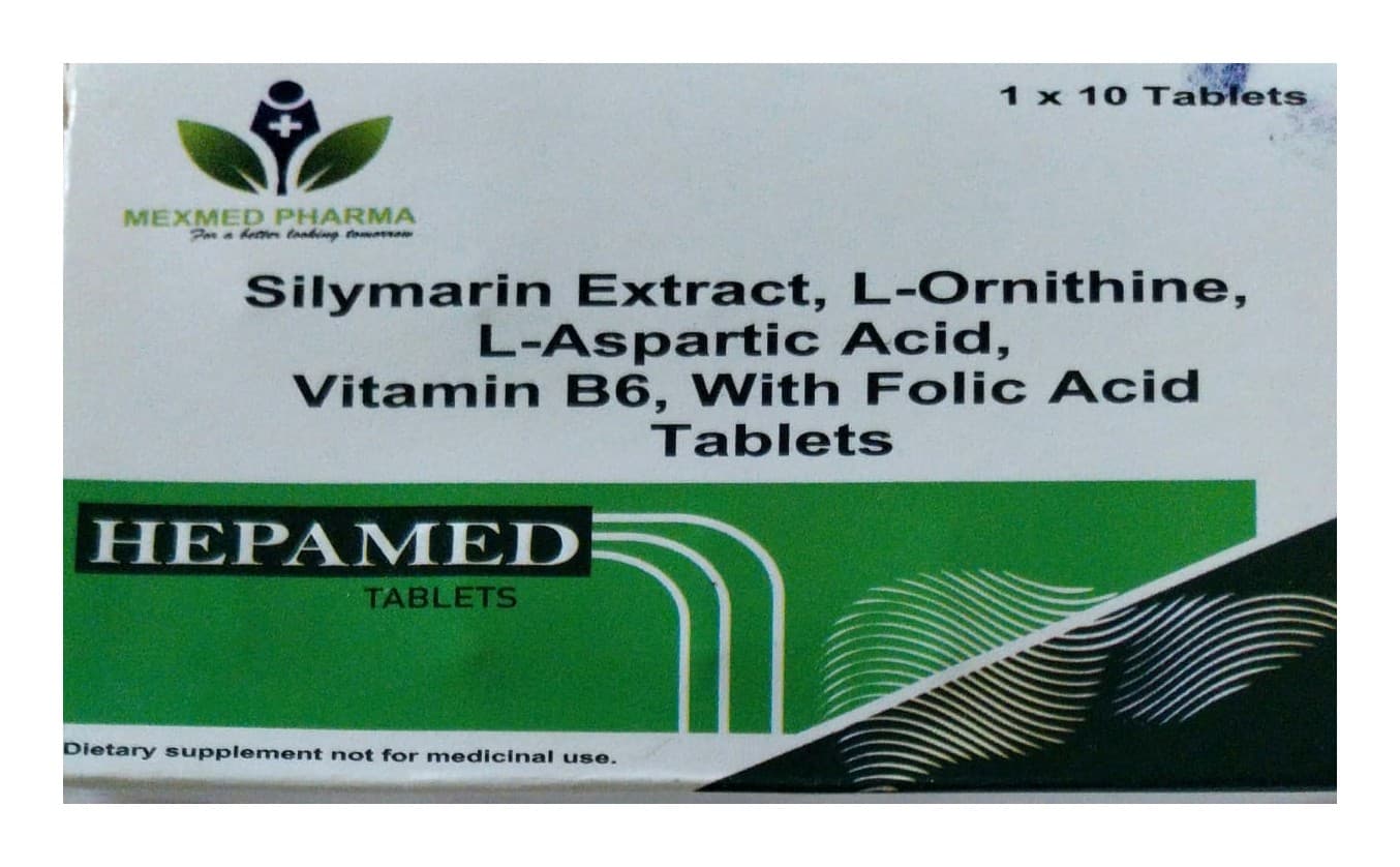 HEPAMED tablets carton — silymarin, L-ornithine, L-aspartic acid, vitamin B6 and folic acid liver-support dietary supplement by Mexmed Pharma